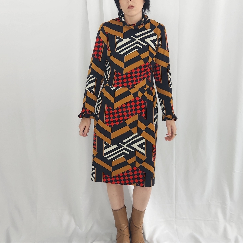 60s/70s‎ Black, Red, and Brown Geometric Print Long Sleeve Dress